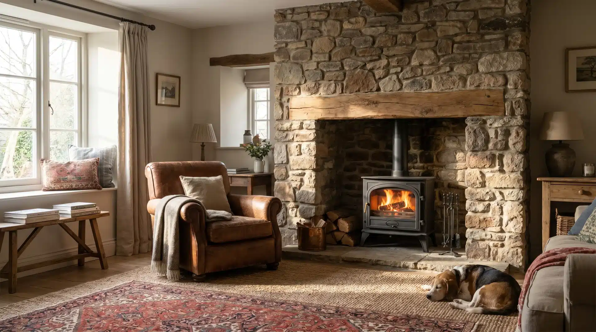 Glowing log burner on stone surround with oak mantel, cozy rustic room with layered rugs.
