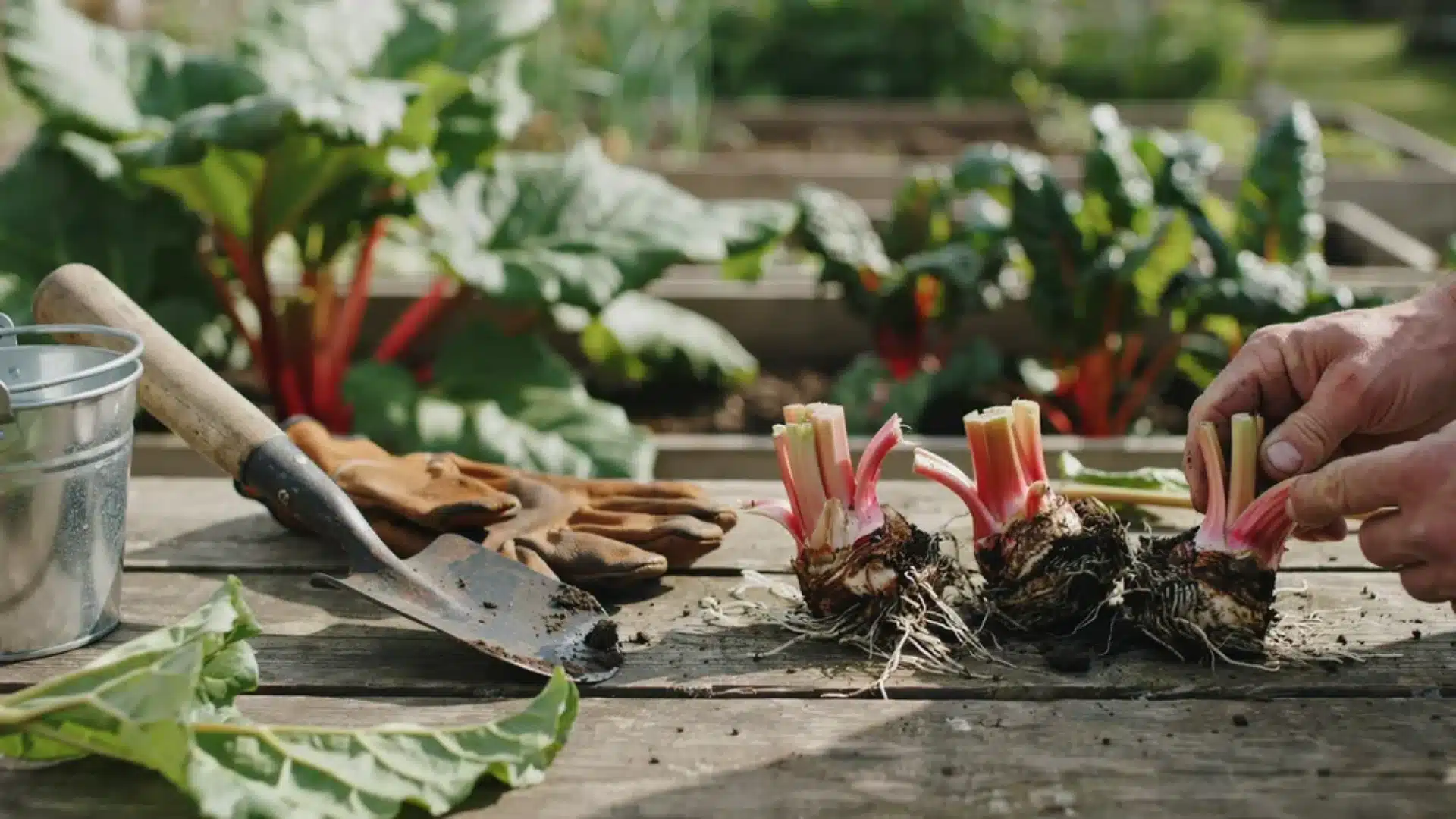 Hands tending rhubarb plants in garden beds, showing seasonal maintenance and leaf growth.