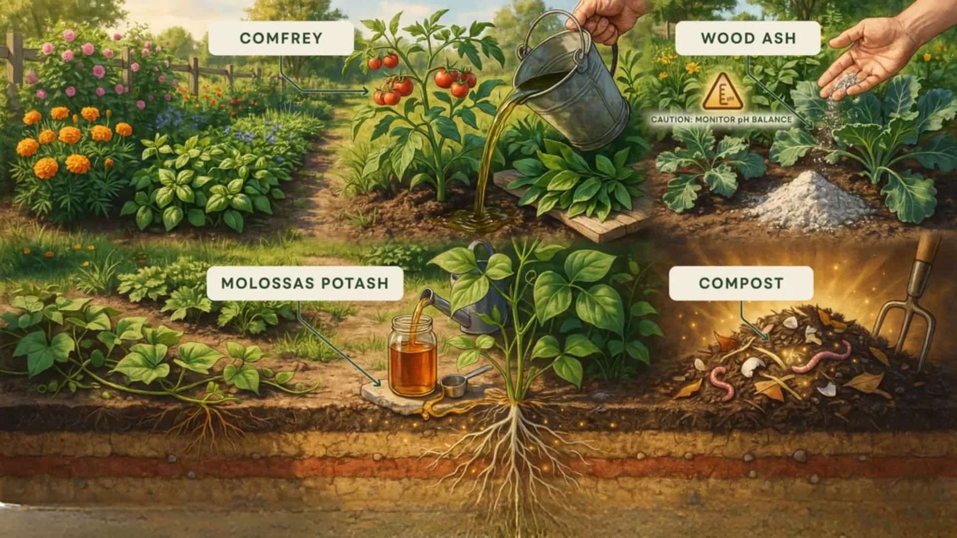 Garden scene showing comfrey, wood ash, molasses potash, and compost as organic potassium sources.