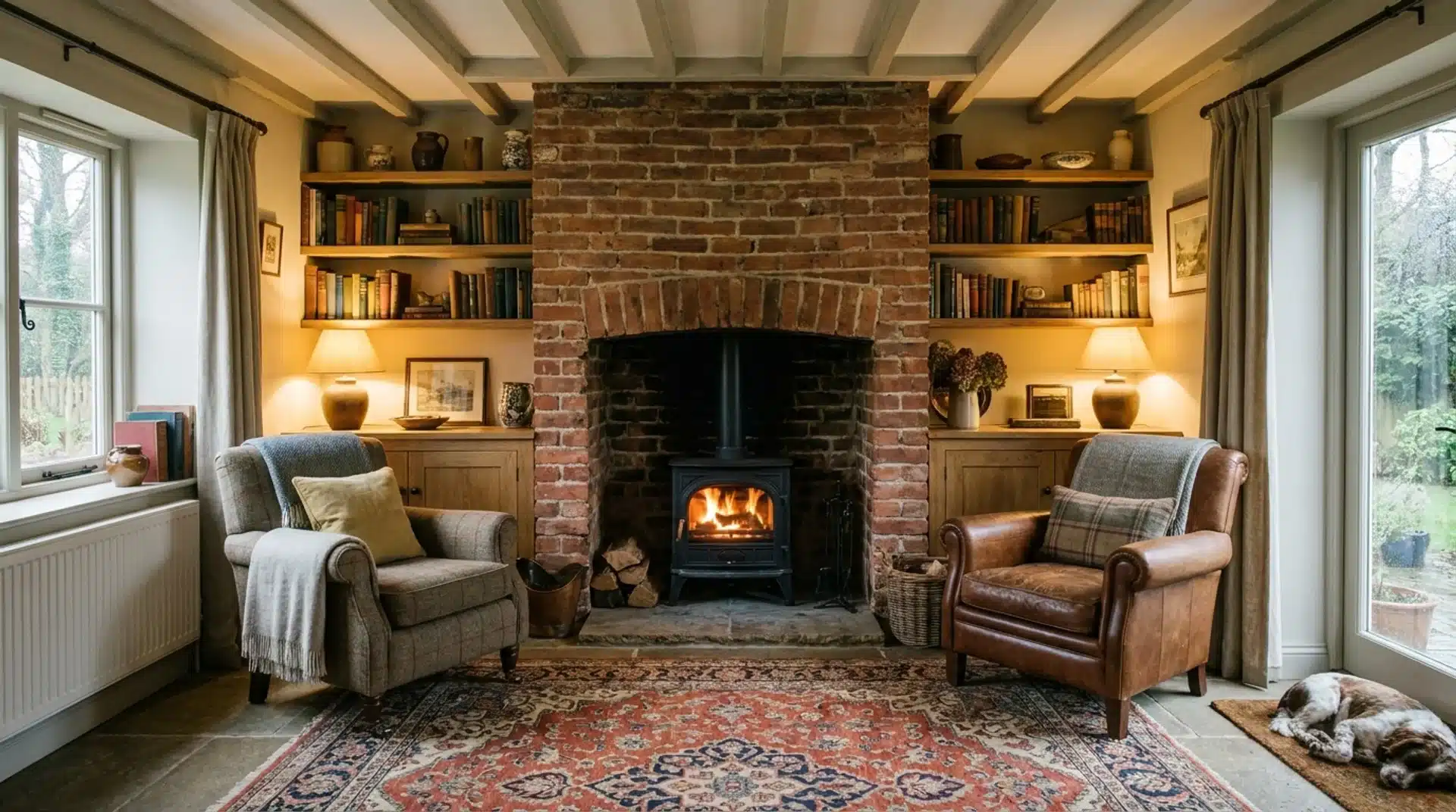 Classic living room with exposed brick fireplace and built-in alcove storage.