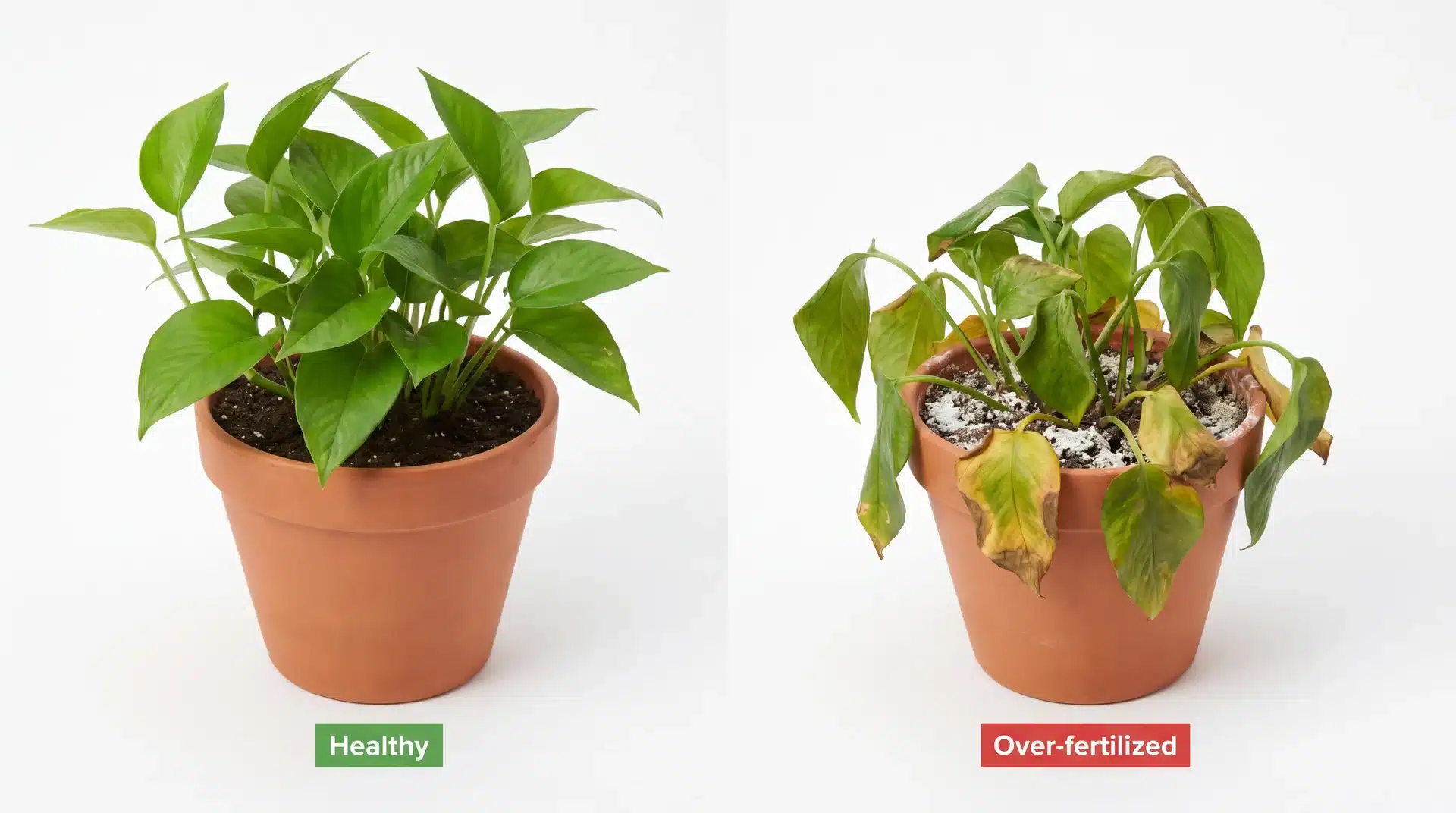 A healthy plant with vibrant green leaves next to an over-fertilized plant showing yellow, curled leaves in a terracotta pot.
