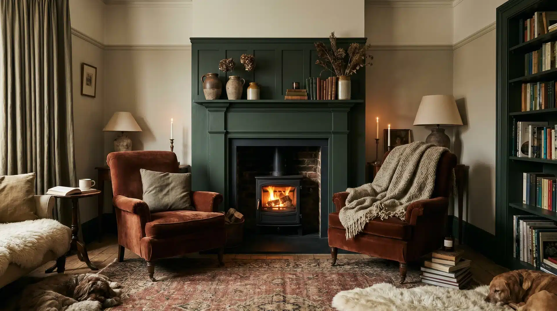 Dark green wood surround with log burner, cozy elegant living room.