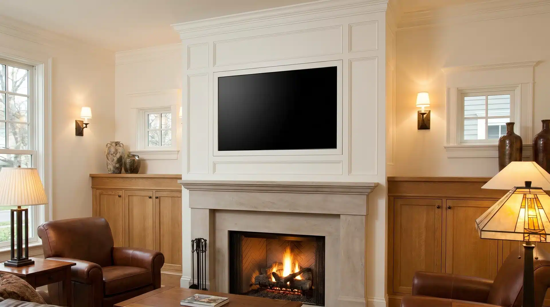 TV framed inside painted white wood millwork panel above craftsman fireplace mantel.