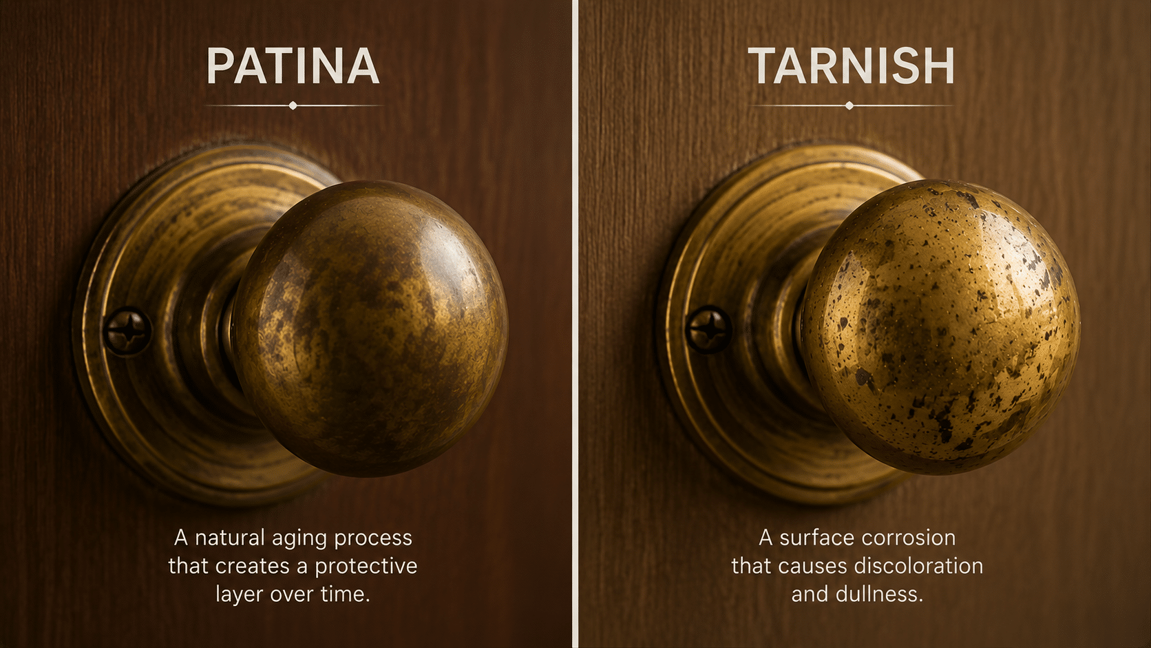 Close-up comparing patina and tarnish on a brass doorknob: warm, even aged patina on one side versus dull, patchy dark tarnish on the other.