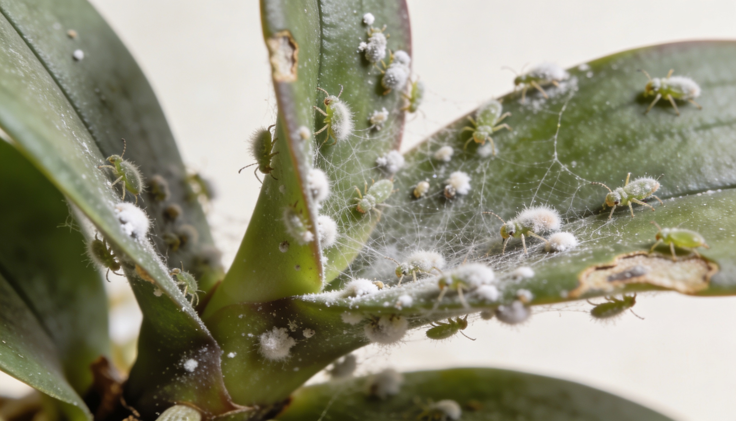 Orchid with visible pests like aphids or mealybugs, showing damage and pest control tips like neem oil treatment