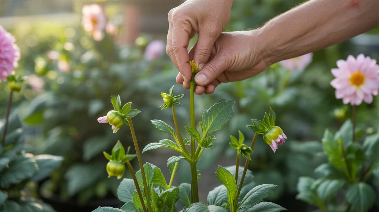 Pinching dahlias to encourage bushier growth and more blooms.