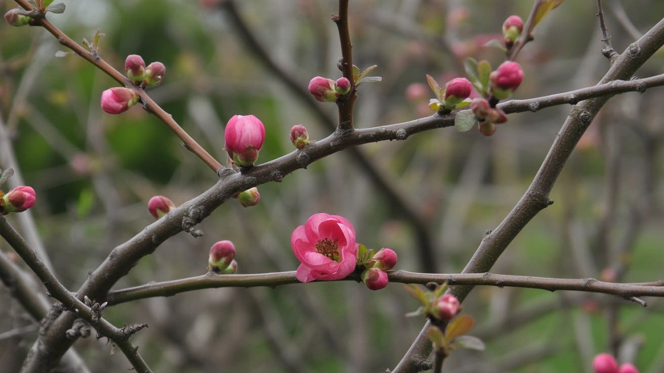 pink-lady-quince-pink-flowers-glossy-leaves