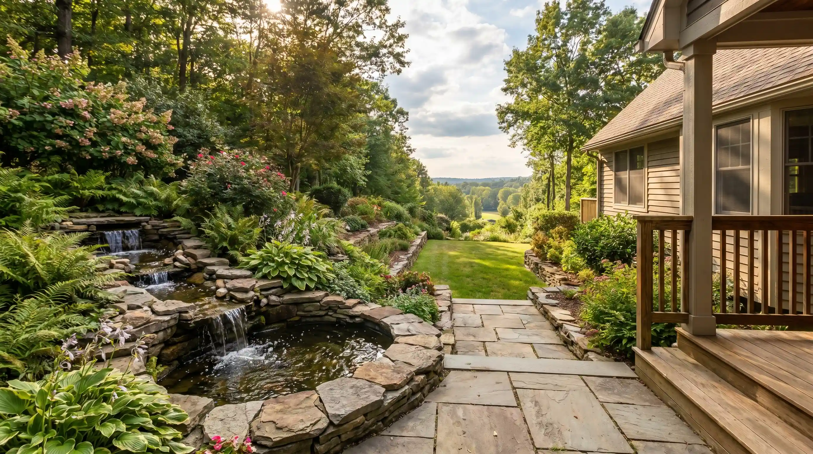 Downward sloping garden featuring a cascading water feature along natural stone terraces.