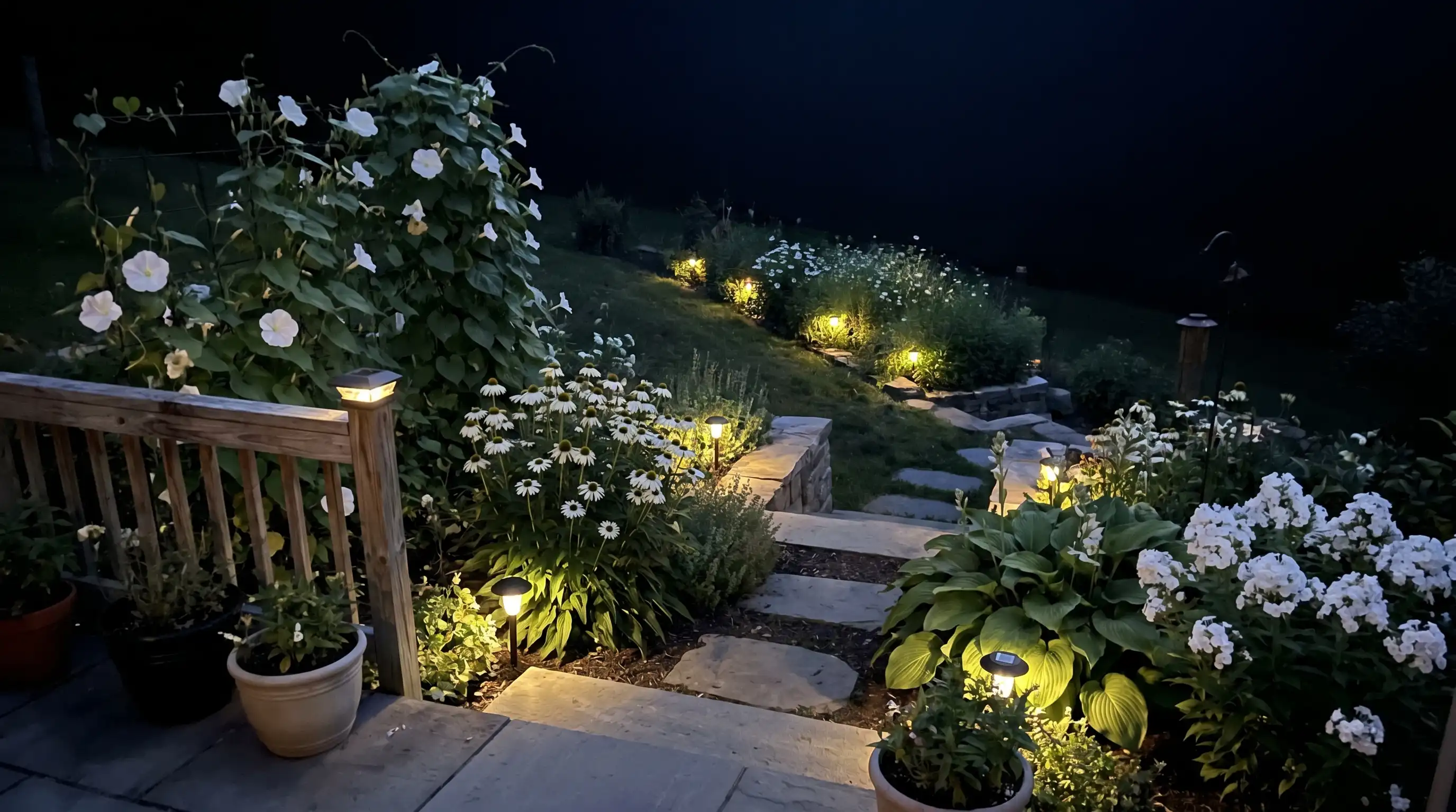Nighttime view of a downward sloping garden with stone steps, white flowers, and soft pathway lighting.