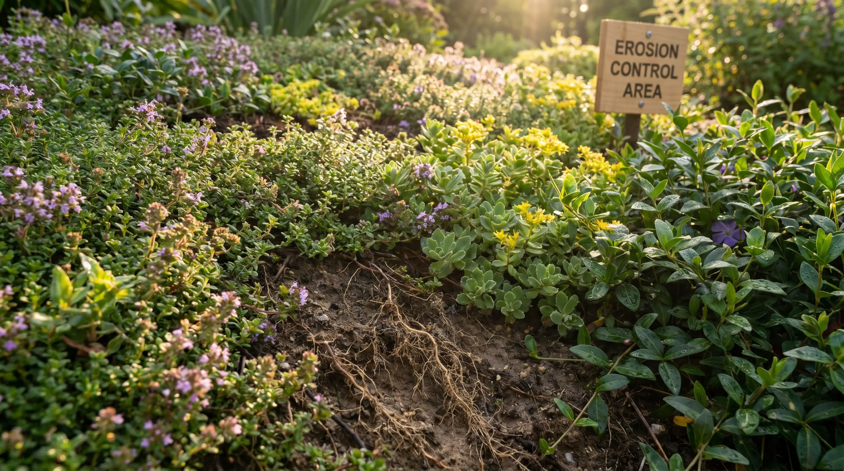 Close-up of lush groundcovers with flowers stabilizing soil in a backyard, perfect for slope garden ideas.