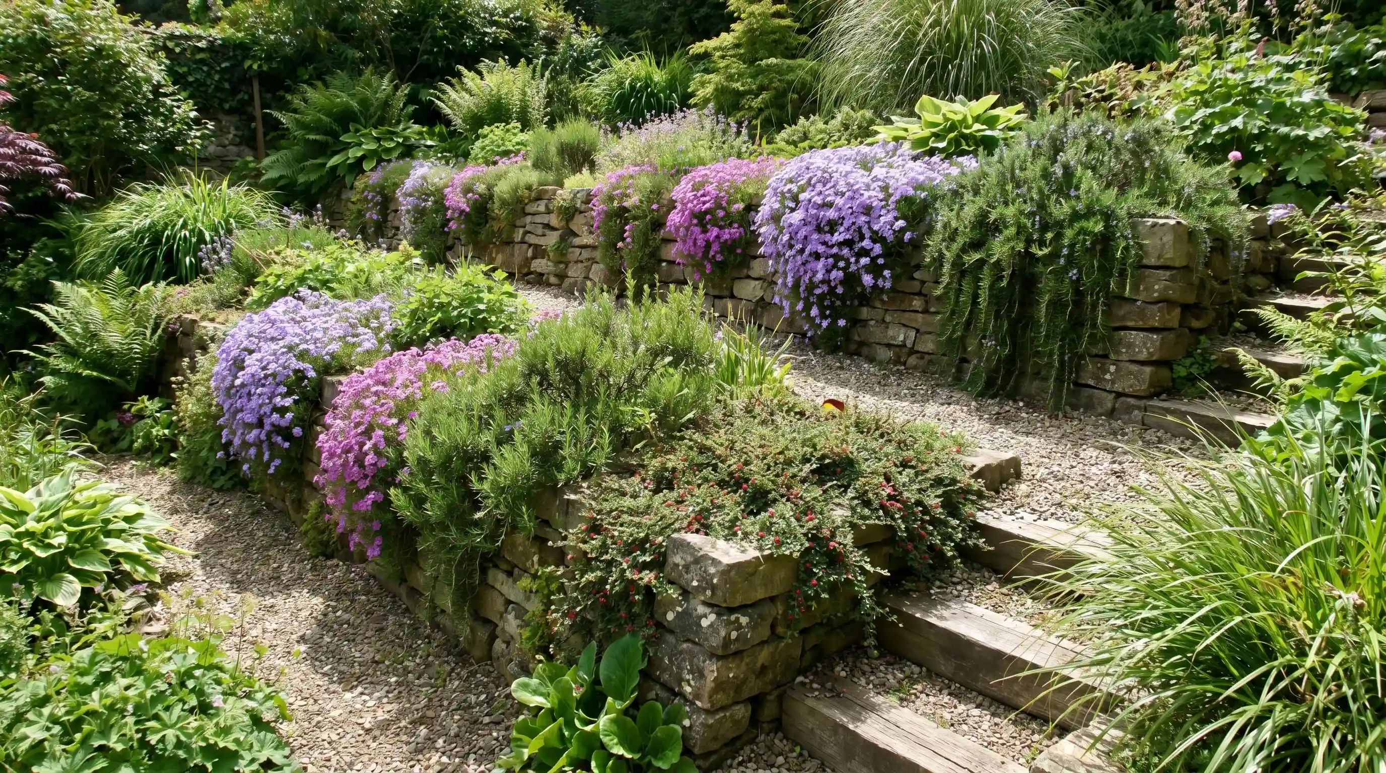 A tiered garden where dense plantings conceal the underlying structure, creating a lush, natural look with soft edges.