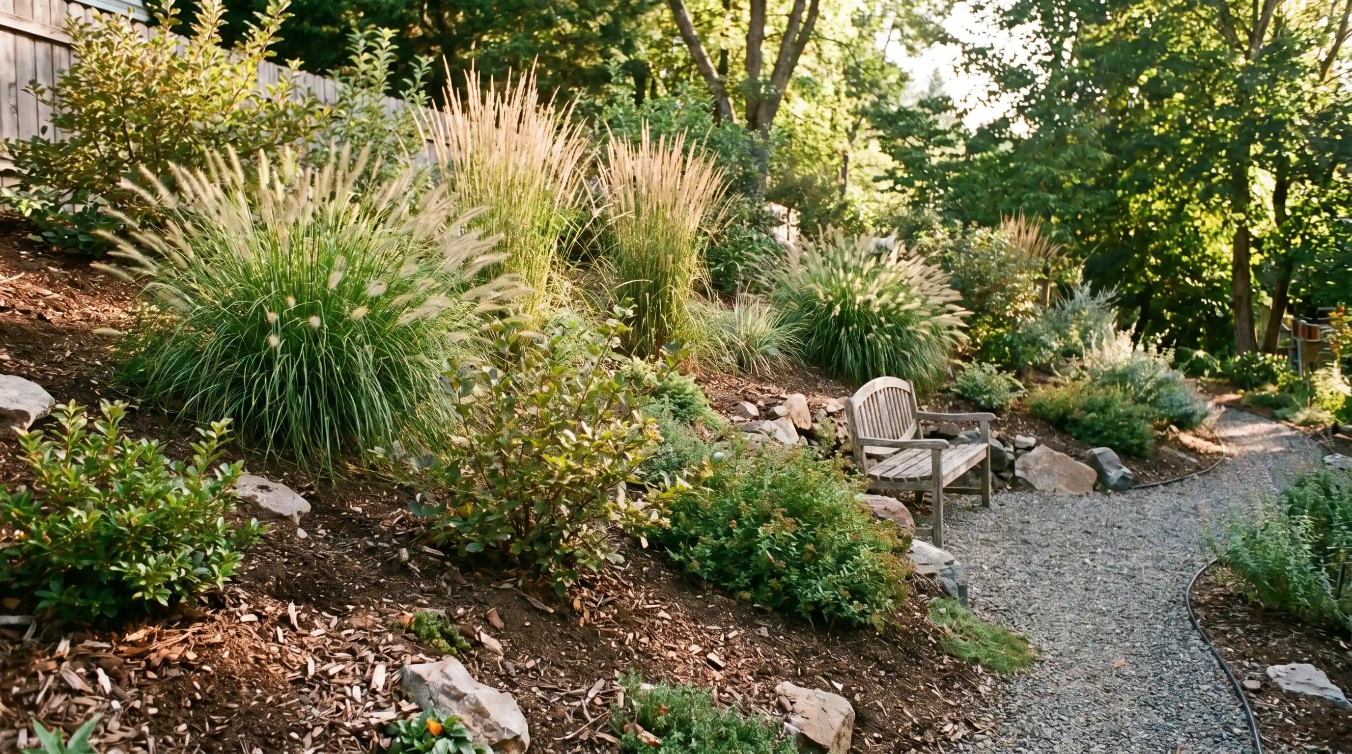 Native shrubs and grasses planted on a home garden slope, controlling erosion and illustrating sustainable slope garden ideas.