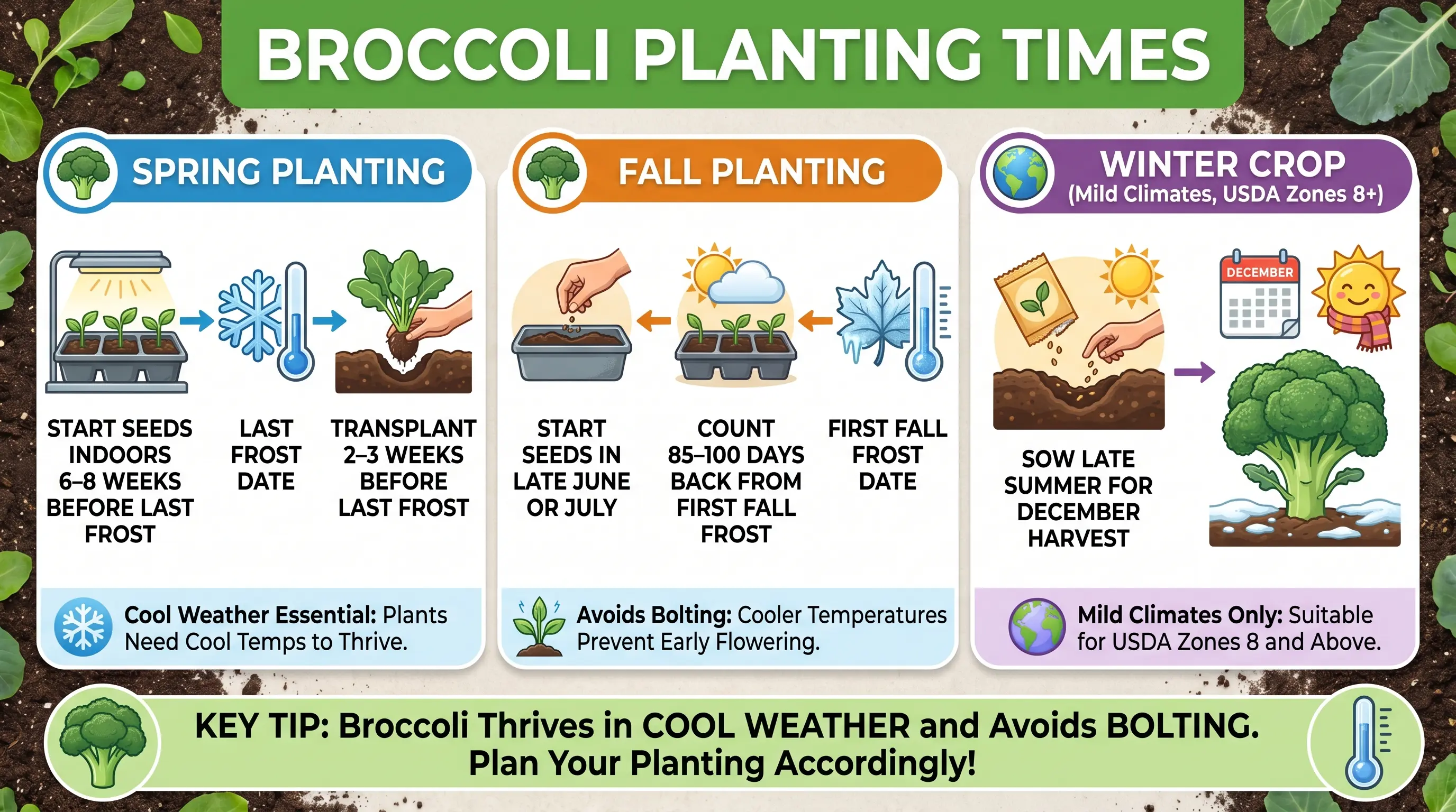 Infographic showing spring, fall, and winter planting times for broccoli with seed and transplant icons.