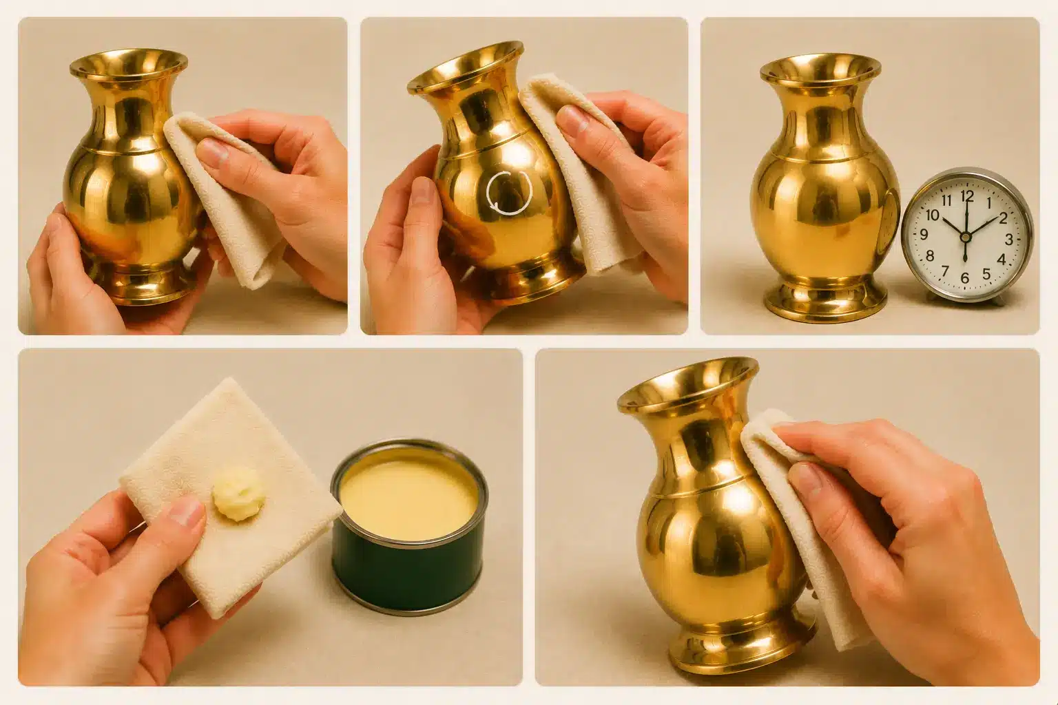 Step-by-step photos showing hands polishing and waxing a brass vase to a shiny finish.