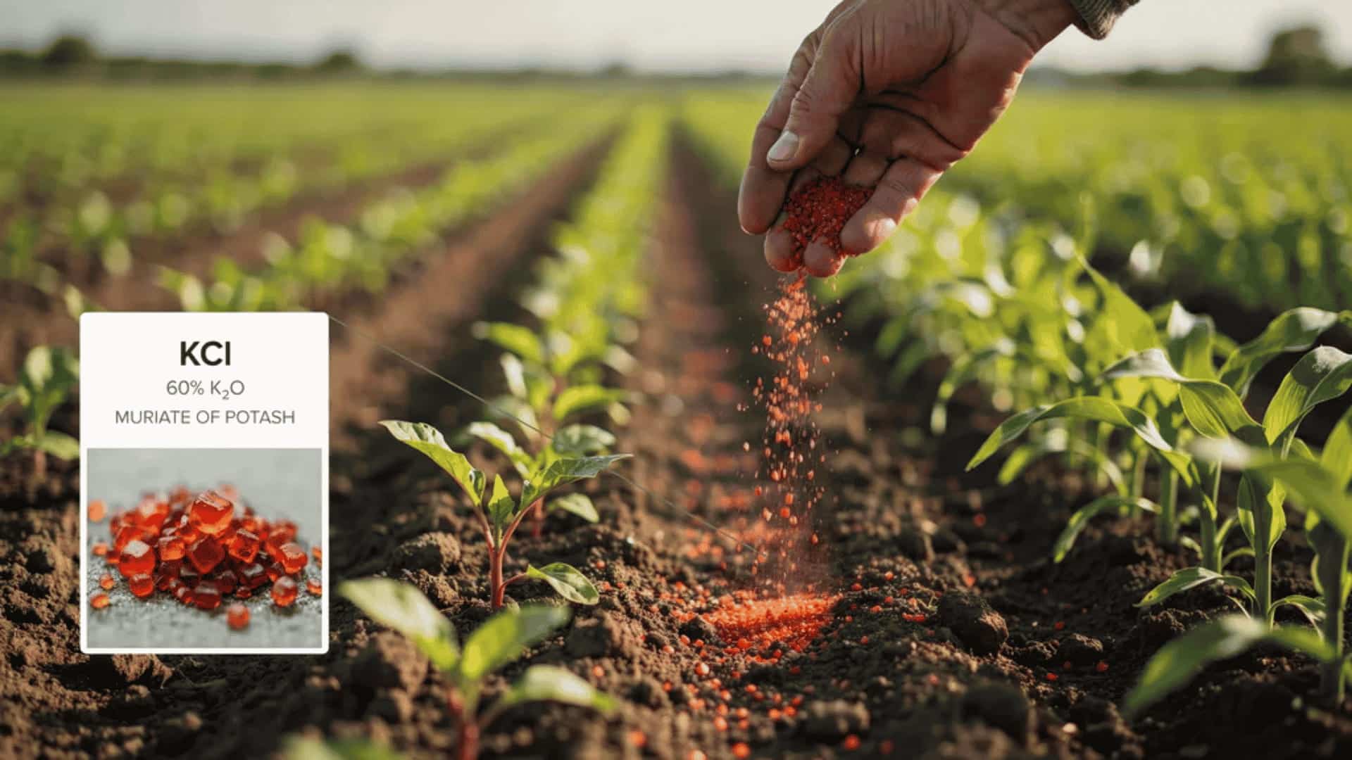 Hand applying KCl granules (muriate of potash) to young crop soil.