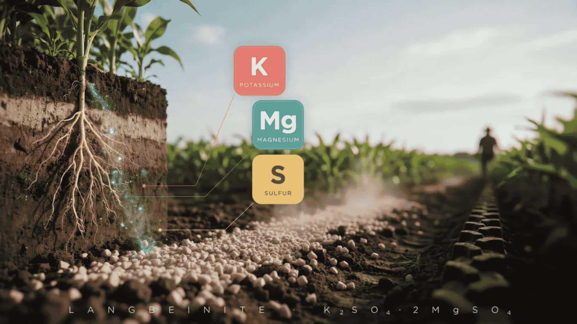 Granules of potassium magnesium sulfate applied to soil with visual markers showing potassium, magnesium, sulfur nutrients.