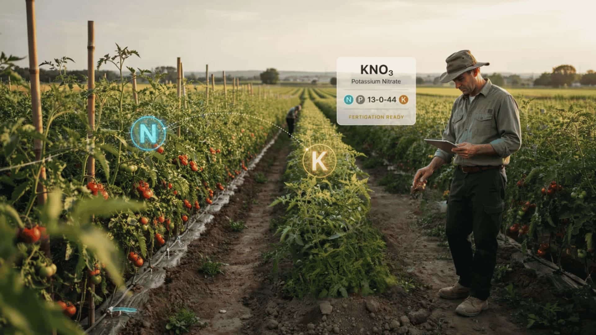 Farmer inspecting tomato crops with overlay showing potassium nitrate (KNO₃) fertilizer ready for fertigation.