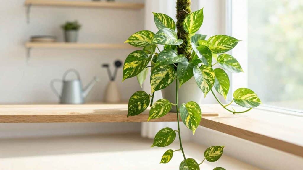 Healthy variegated pothos displaying lush growth and vibrant leaf patterns in indirect sunlight.
