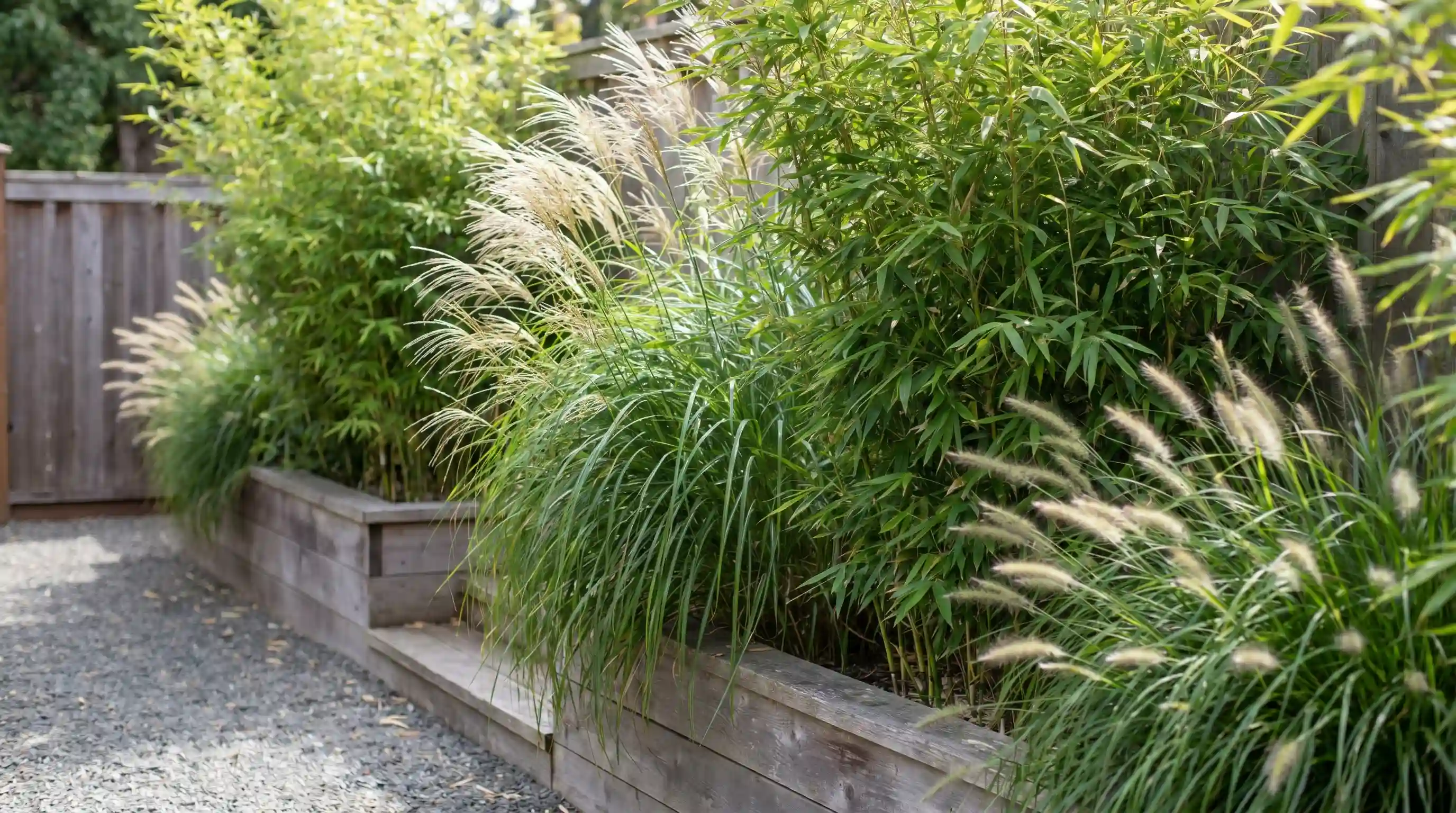 Privacy screen tier using ornamental grasses or bamboo in raised beds, creating a natural barrier along a garden edge, an elegant tiered garden idea.