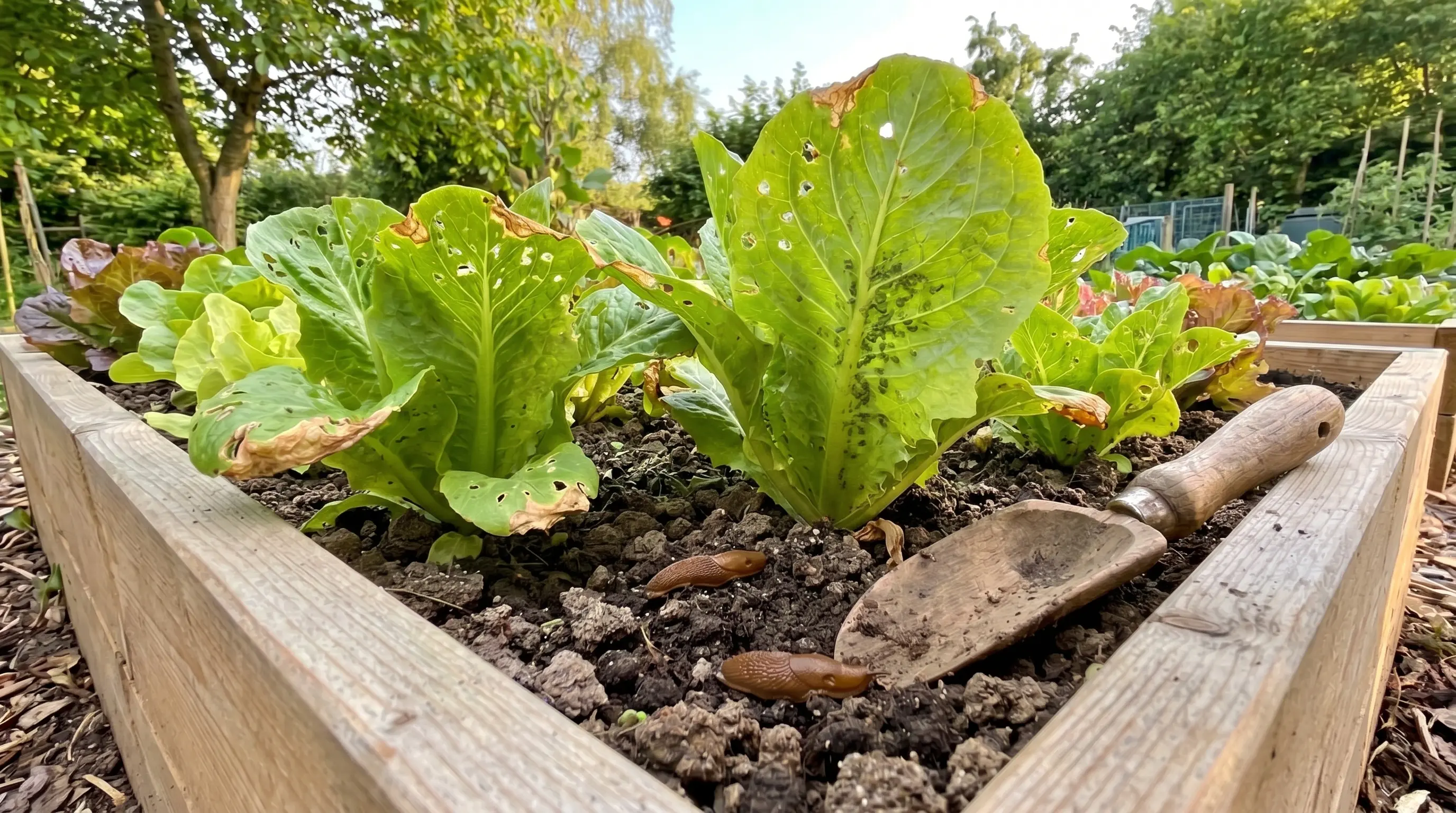 A raised bed of lettuce showing minor damage: small holes in leaves from flea beetles, brown tipburn edges, a few aphids on leaf undersides, and slugs on the soil. Natural sunlight highlights the plants’ textures.