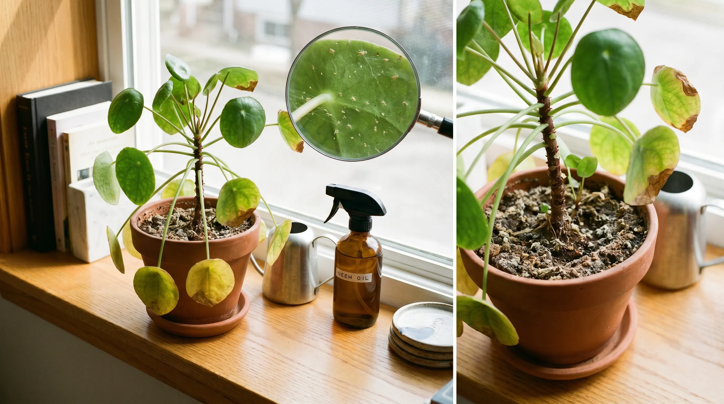 A Chinese Money Plant showing common issues: yellowing leaves, drooping stems, brown leaf tips, and tiny pests on leaves