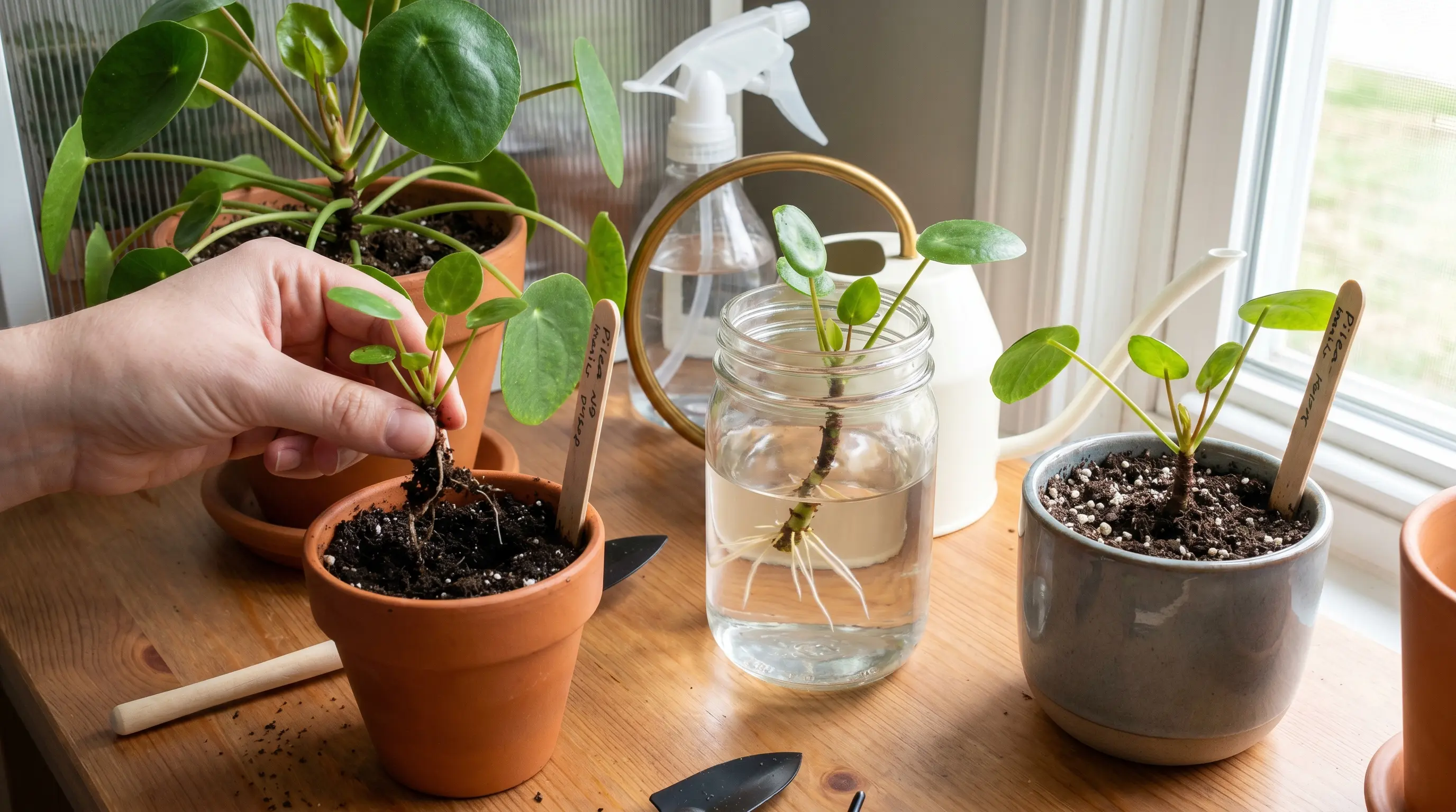 Three propagation methods shown: a pup being potted, a stem cutting in water developing roots, and a cutting planted directly in soil under bright indirect light.