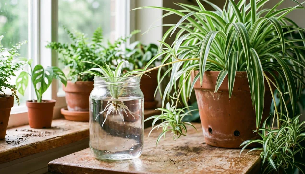 Spider plant care propagation using spiderettes rooted in water indoors
