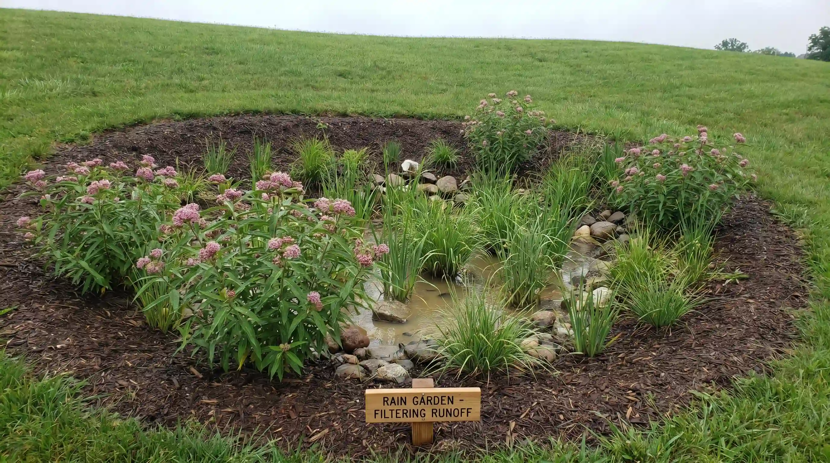 Rain garden tier designed to filter runoff, with wet-tolerant plants growing in layered soil and a small stream for drainage, an eco-friendly tiered garden idea.