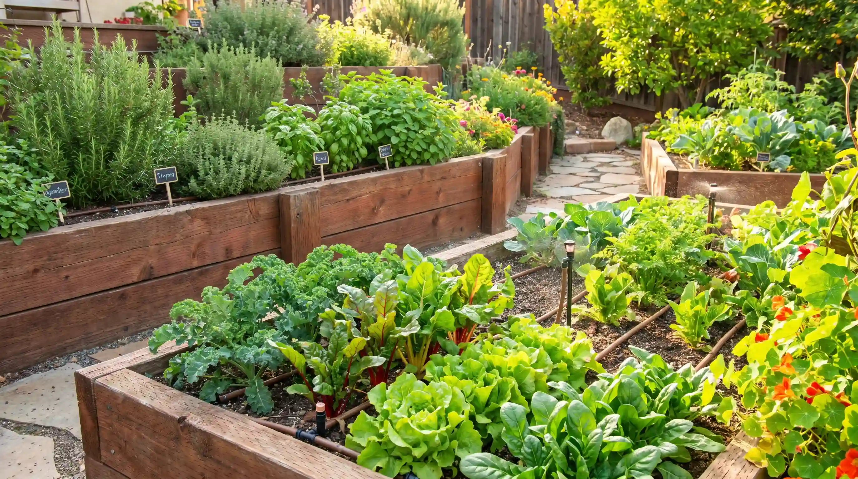 Raised tiered garden beds designed for growing vegetables and herbs, emphasizing functionality and easy maintenance.