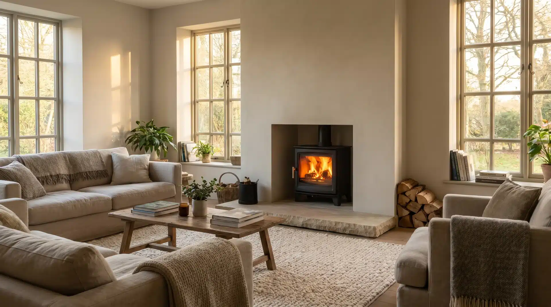 Recessed log burner with oversized limestone hearth, no mantel, cozy living room with warm firelight and neutral furnishings.