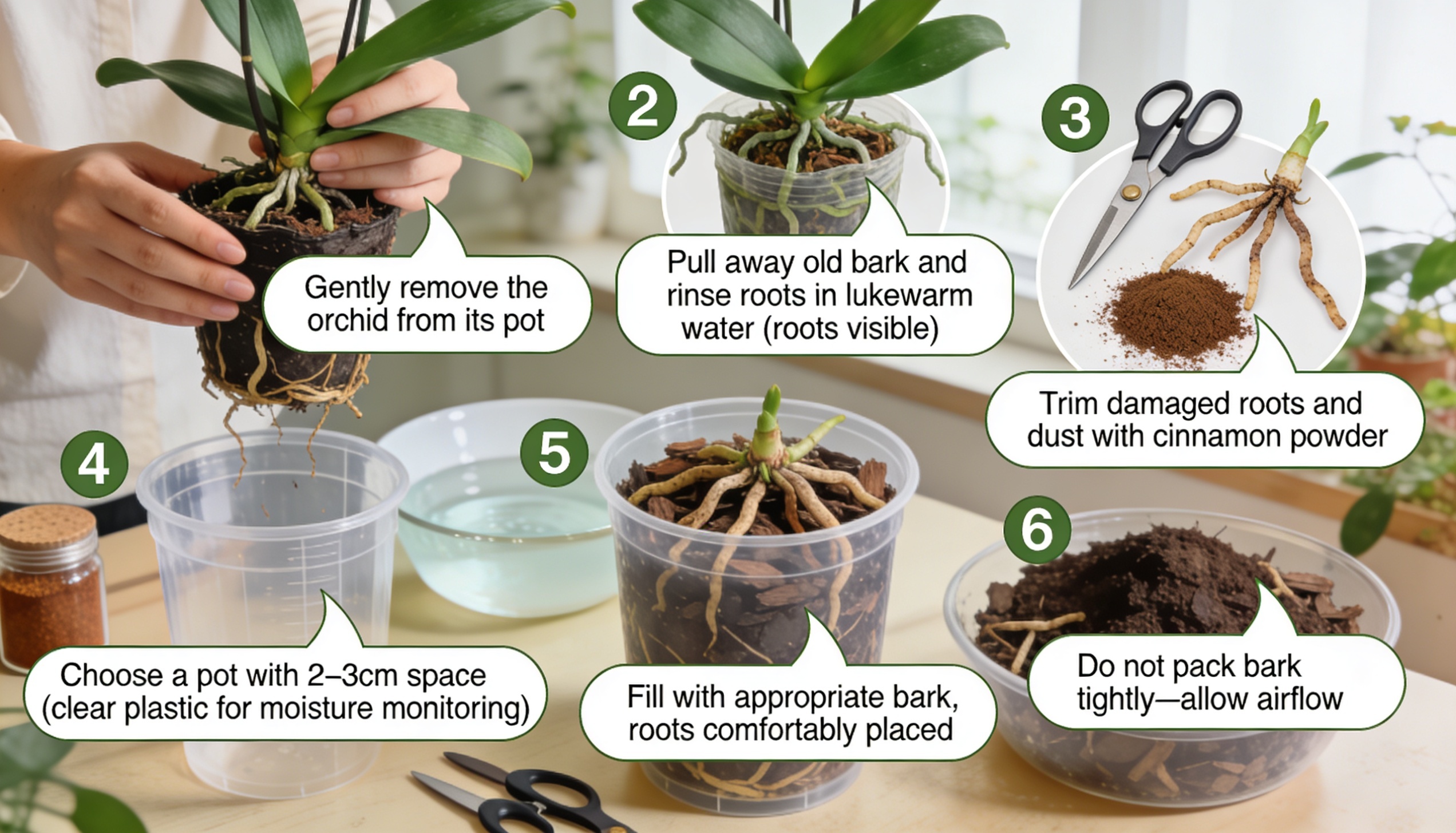 Step-by-step guide to repotting an orchid, including root care, trimming, pot selection, and adding orchid bark.