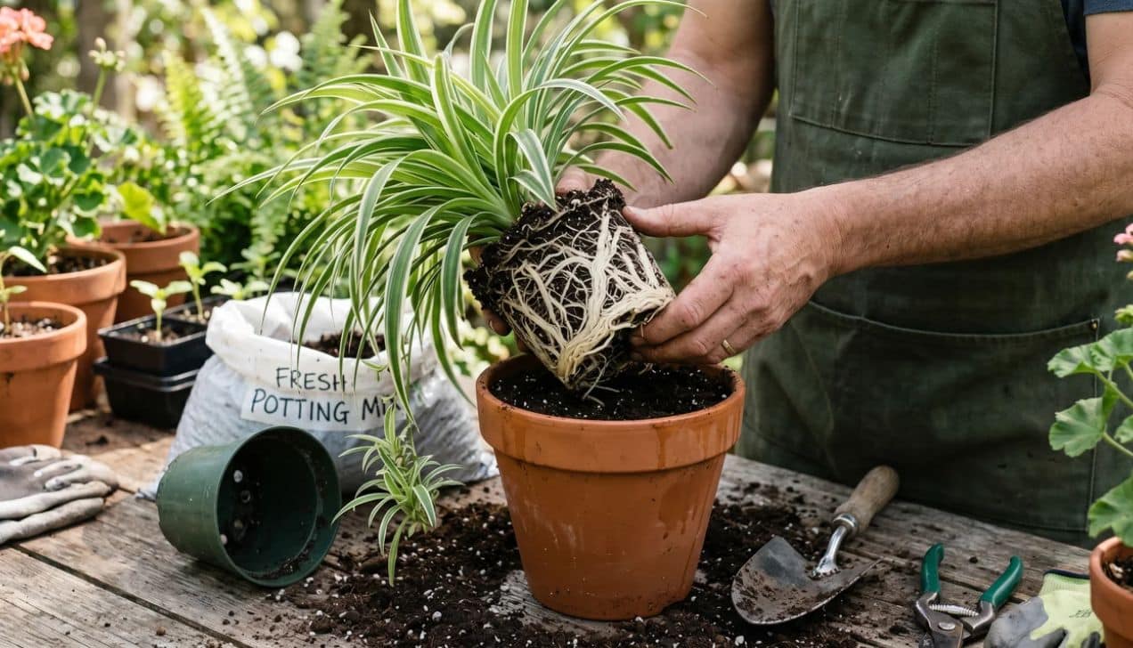 Spider plant care repotting process showing healthy roots and fresh potting mix