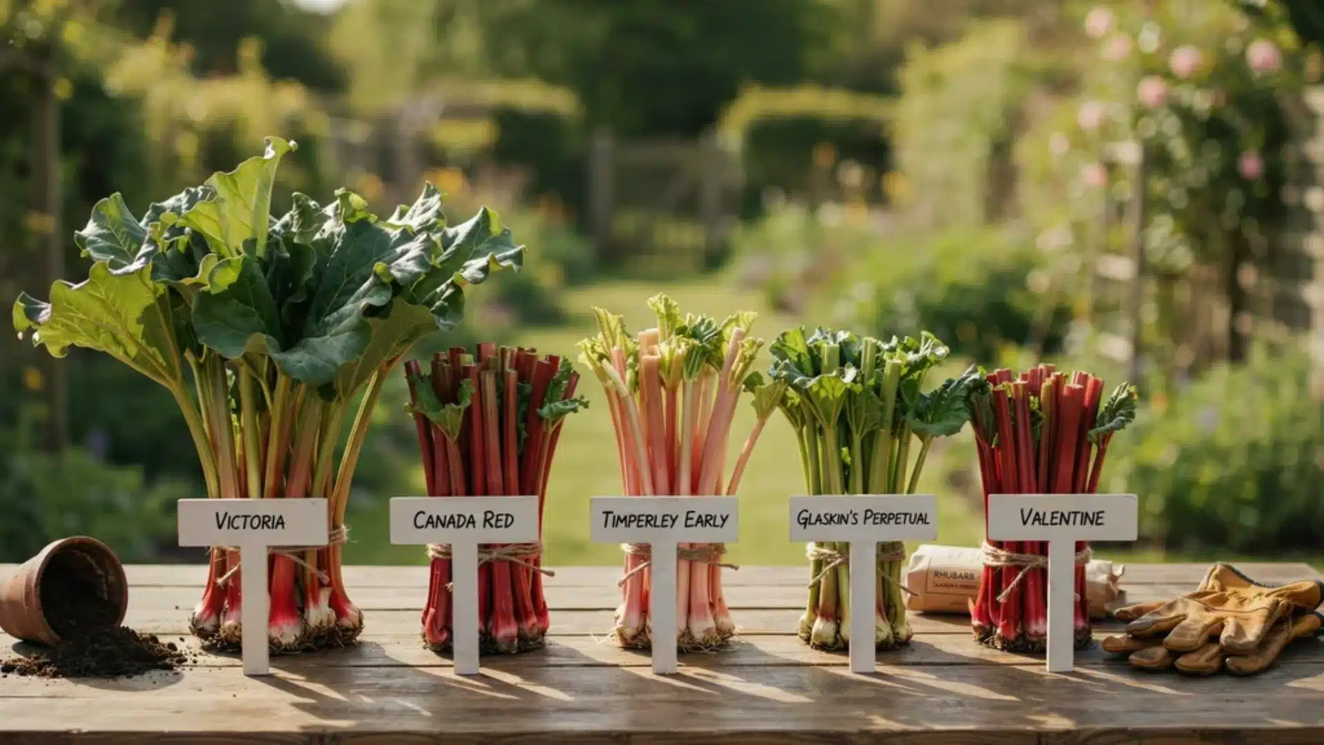 Multiple rhubarb varieties arranged on a table, labeled Victoria, Canada Red, Timperley Early, Glaskin’s Perpetual, and Valentine.