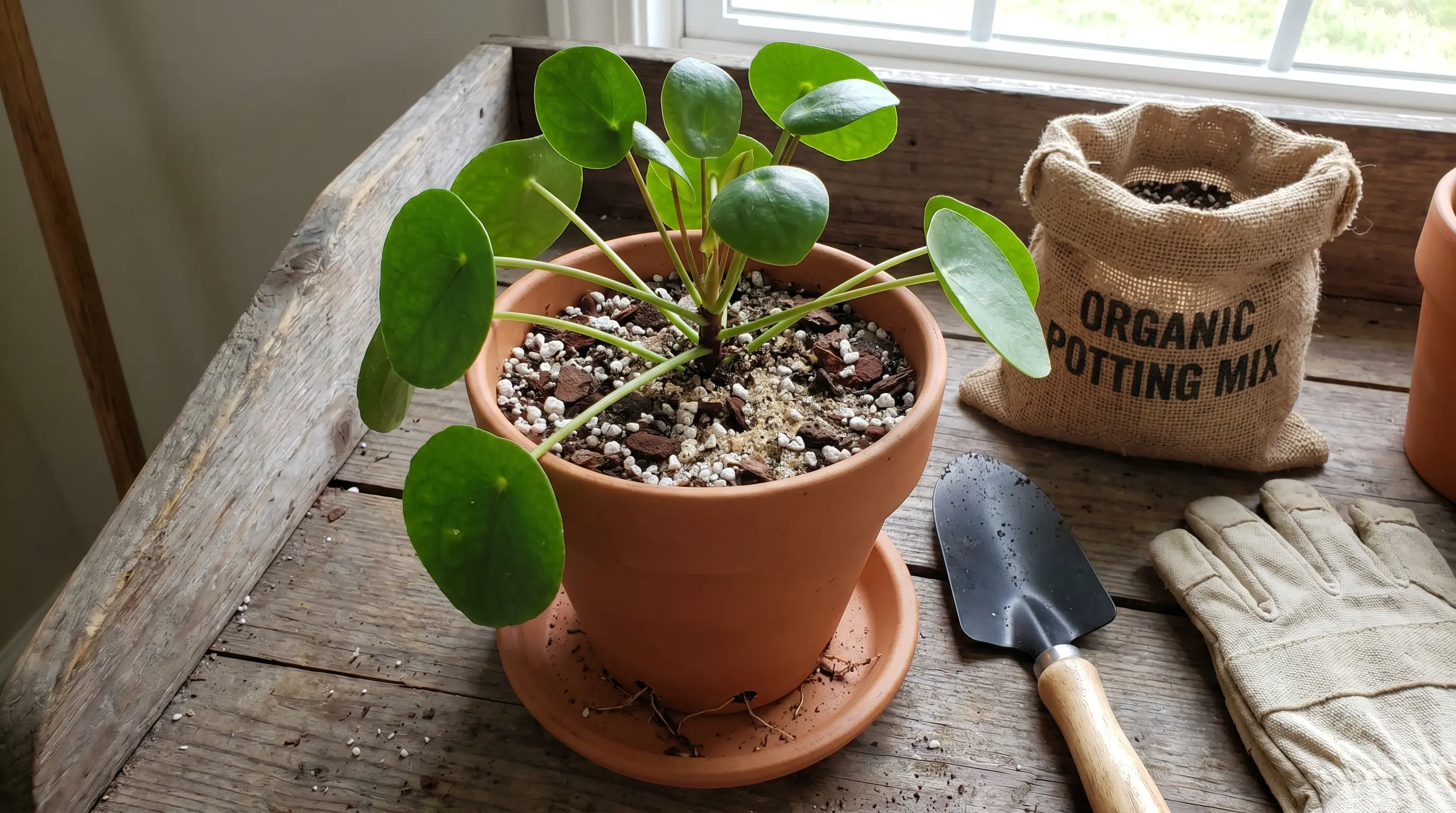 A Chinese Money Plant in a terracotta pot with well-draining soil mixed with perlite and sand; gardening tools like a trowel and gloves nearby.