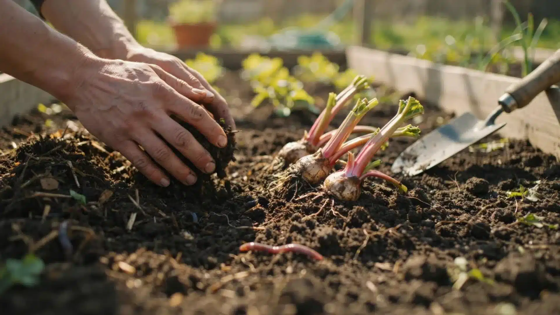 Rhubarb plants in well-prepared soil within raised beds, highlighting ideal garden placement.