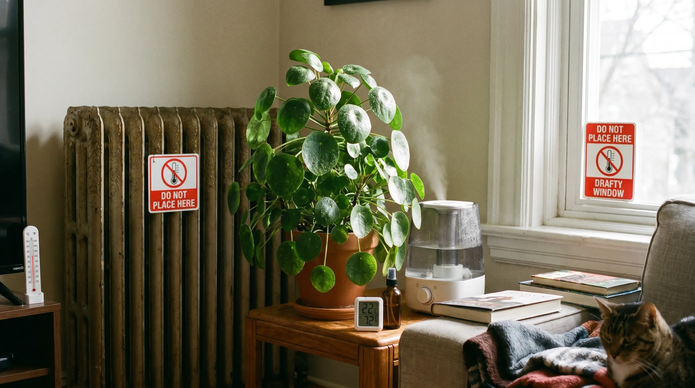 A healthy Chinese Money Plant indoors, away from cold drafts and radiators; subtle misting applied to leaves to indicate proper humidity care.