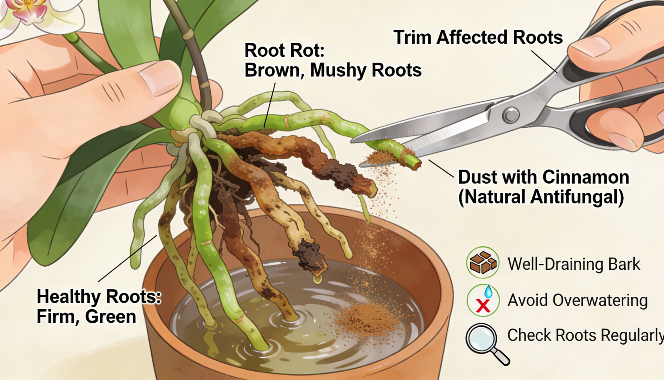 Orchid roots showing root rot with mushy brown roots, contrasted with healthy roots, and treatment steps using cinnamon powder