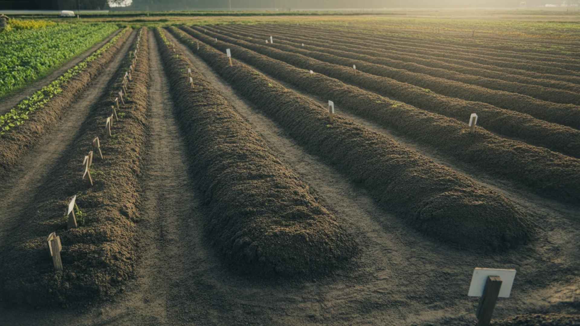 A field with neatly arranged rows of soil and markers indicating the planting positions, with mounds created for planting.