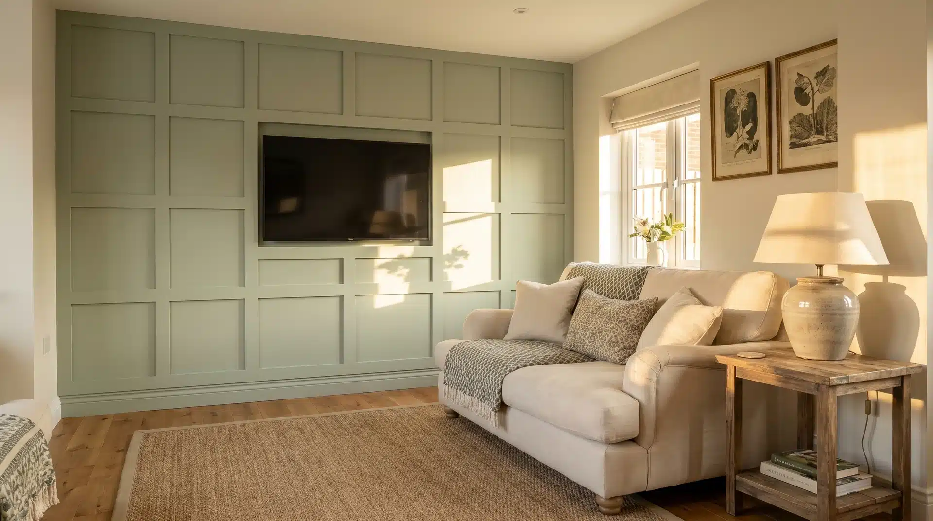 Shaker-style square grid panelling painted sage green with wall-mounted TV in a UK living room