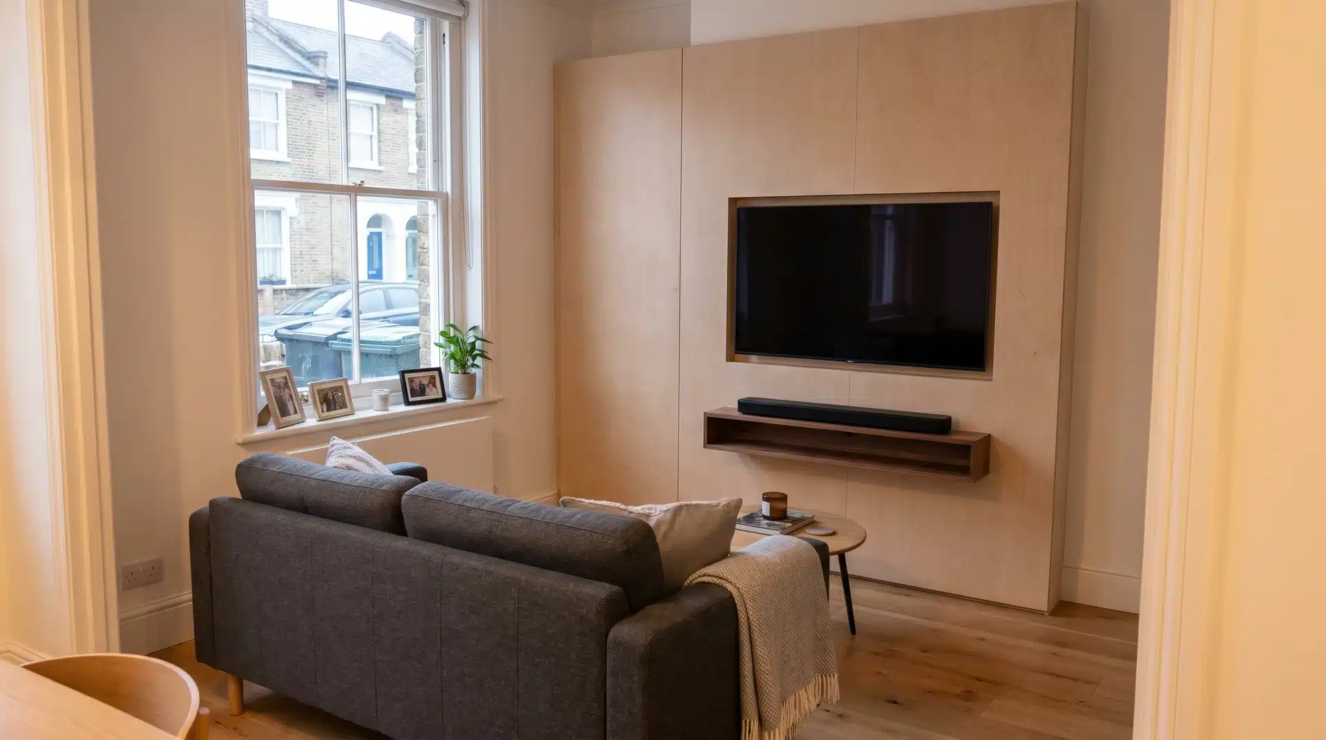 Shallow-depth media wall with flush-mounted TV in a small UK terraced house living room