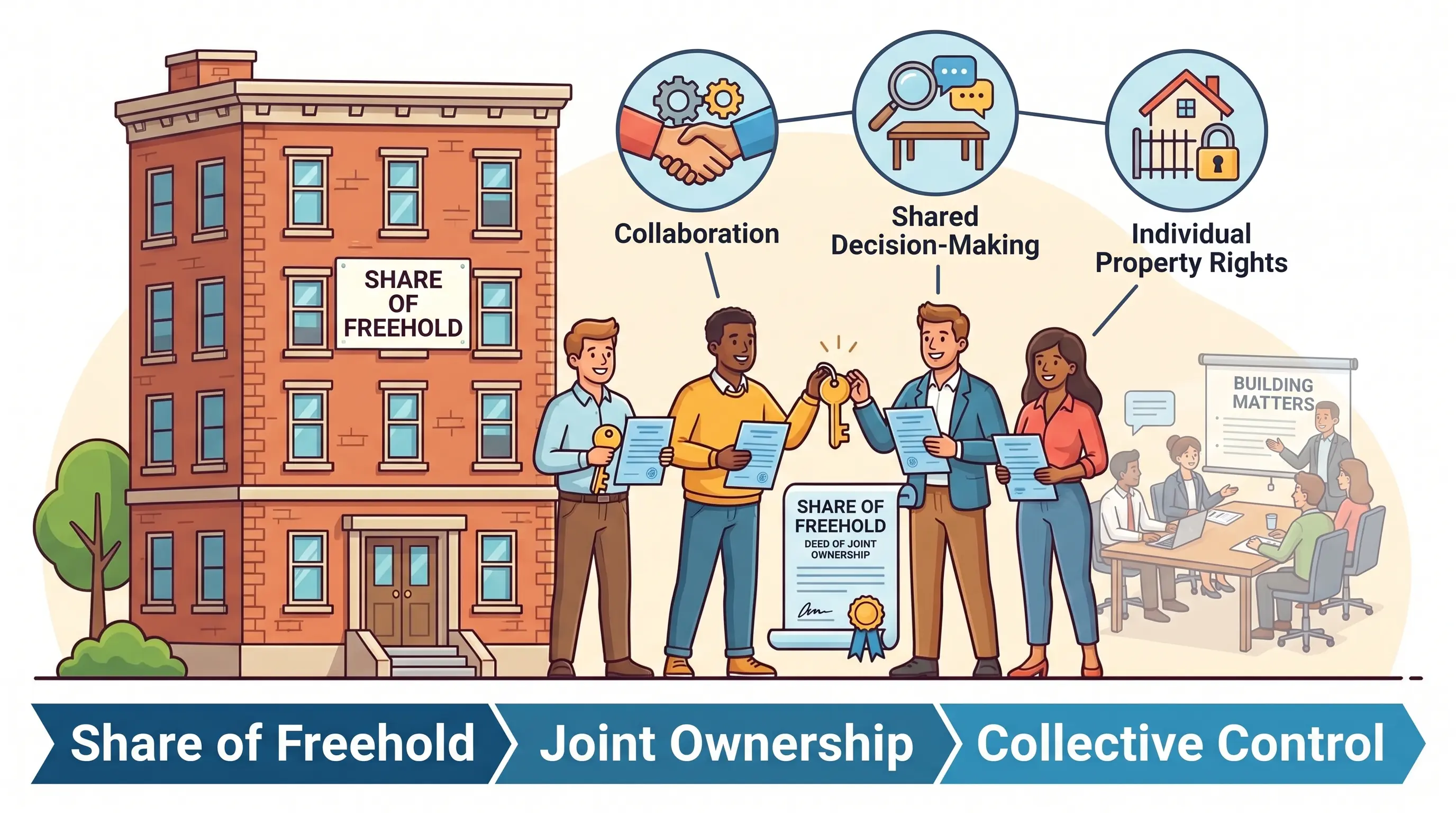 Illustration showing multiple flat owners holding keys and documents, collectively owning the building through a shared freehold arrangement.