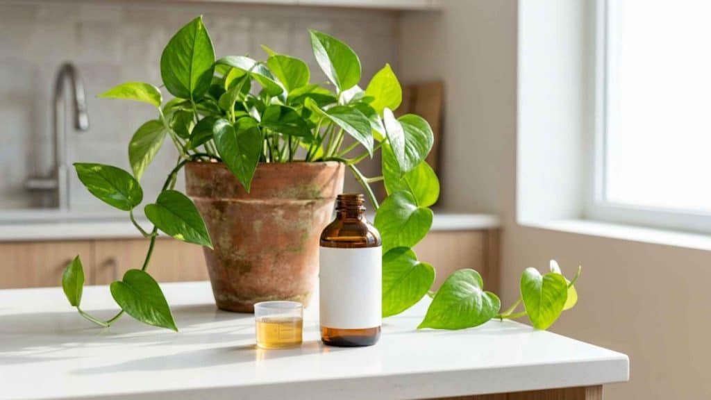 Healthy pothos plant in a terracotta pot beside a small bottle of liquid fertilizer on a bright kitchen counter.