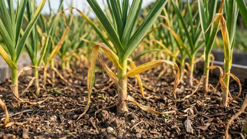 Garlic plant with yellowing lower leaves showing signs garlic is ready to harvest