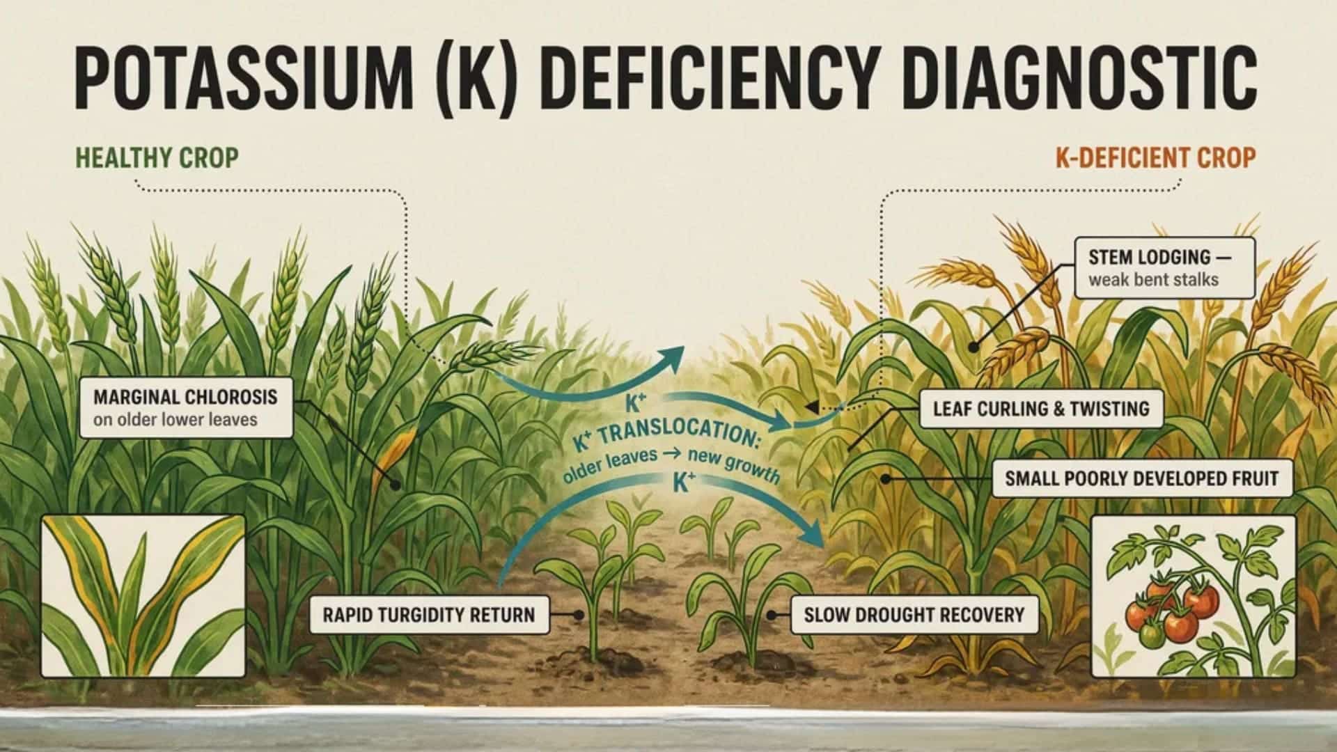 Diagram comparing healthy vs potassium-deficient crops, highlighting leaf curling, weak stems, small fruit, slow drought recovery.