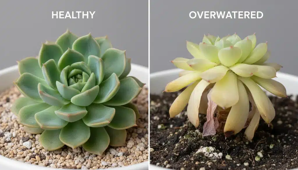 Side-by-side comparison of a healthy, plump Echeveria succulent and an overwatered one with yellow, mushy leaves
