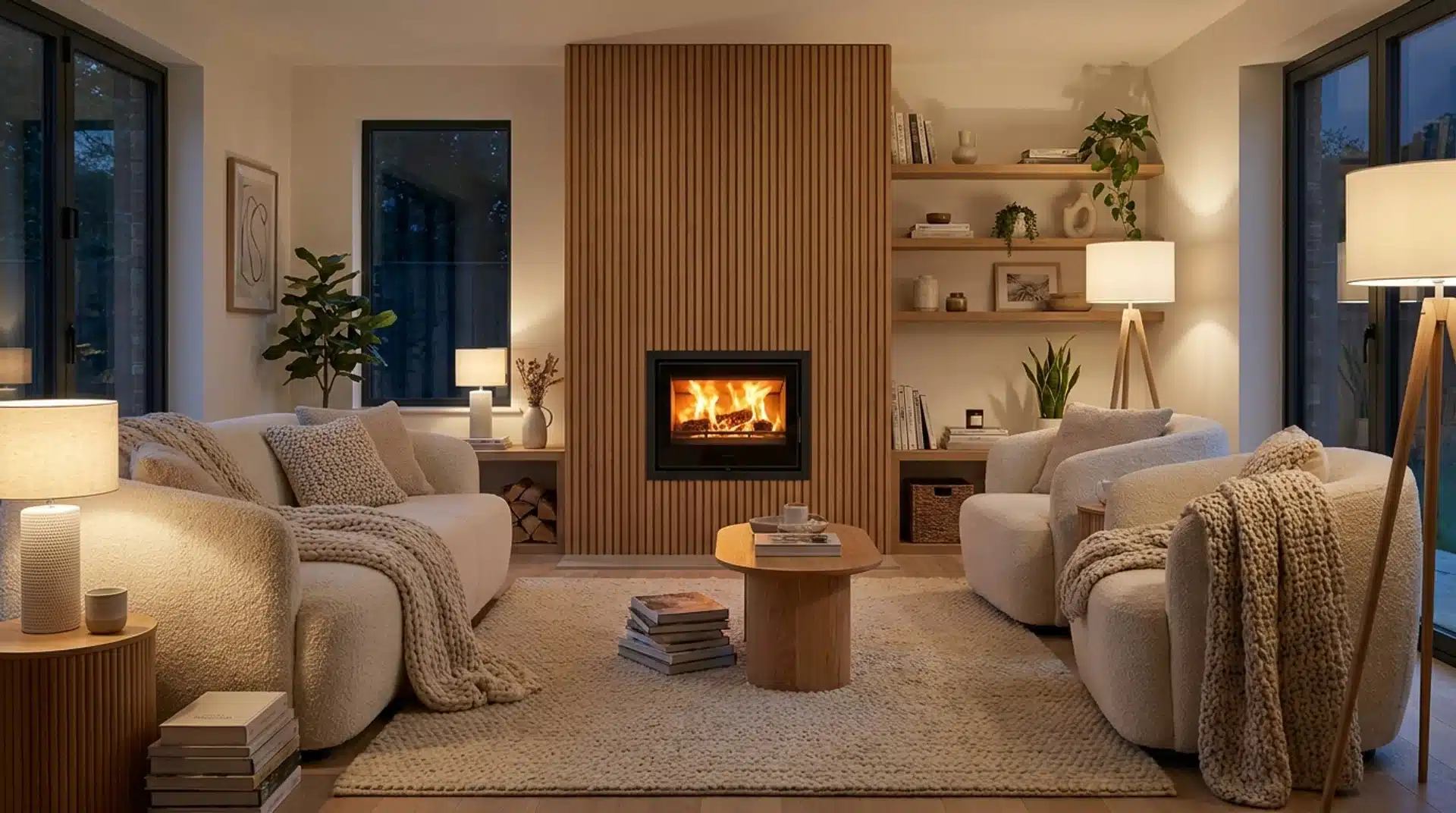 Warm contemporary living room with timber slat wall and inset log burner design.