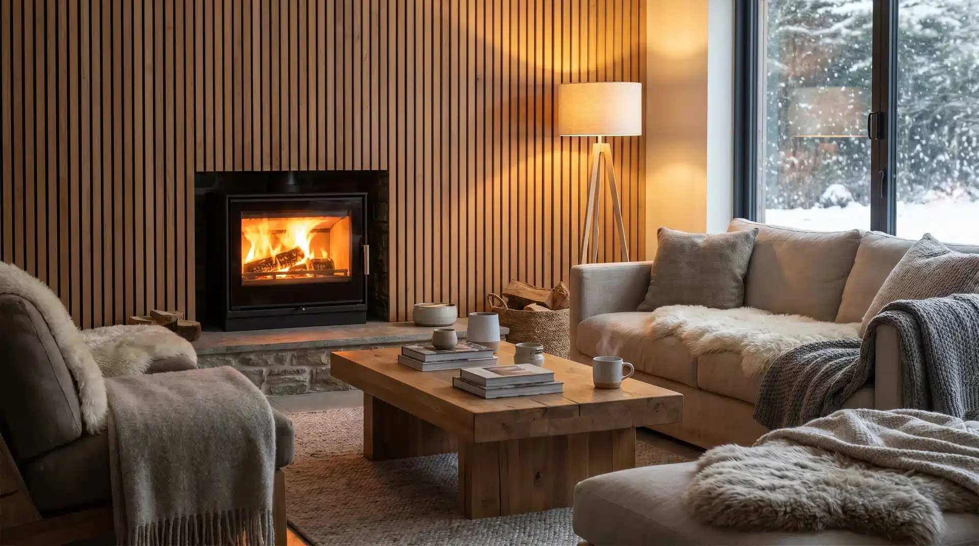 Inset log burner with timber slat wall, cozy modern living room with warm textures.