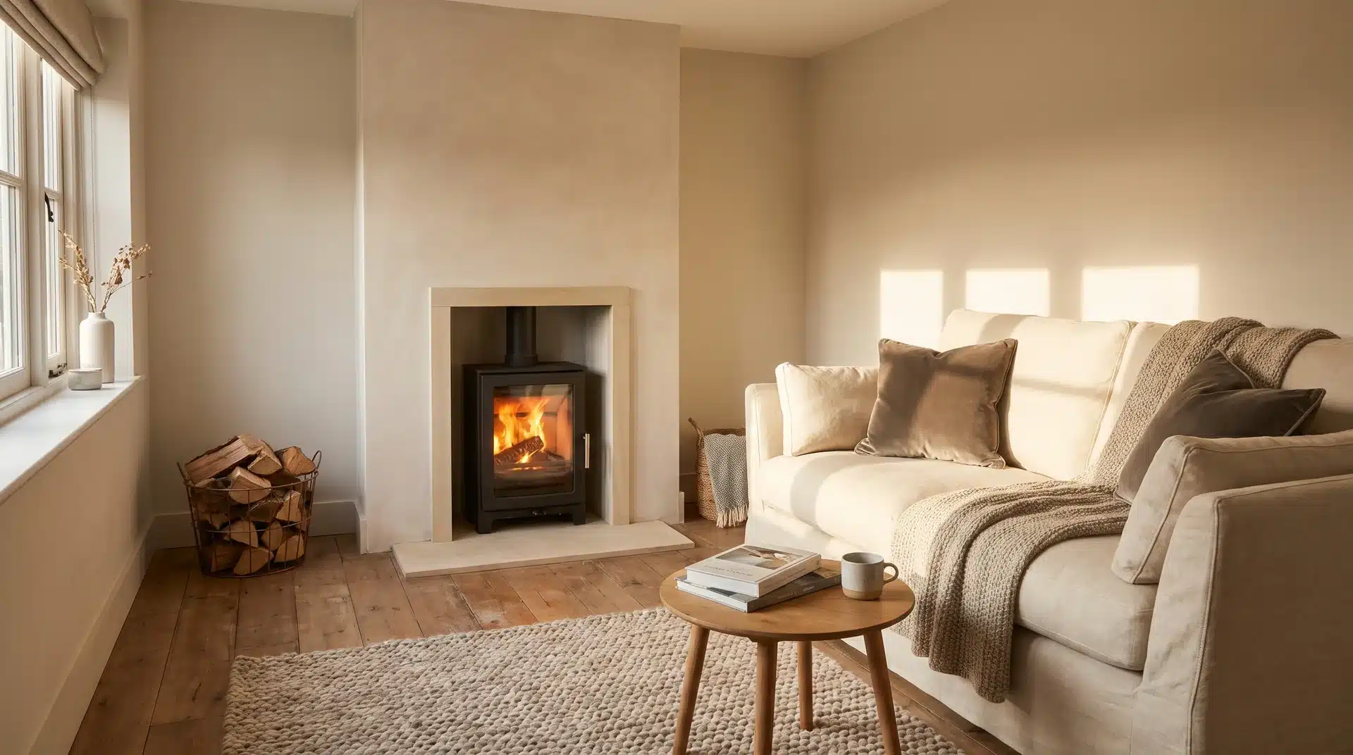 Slim inset log burner in narrow wall, cozy small modern living space.