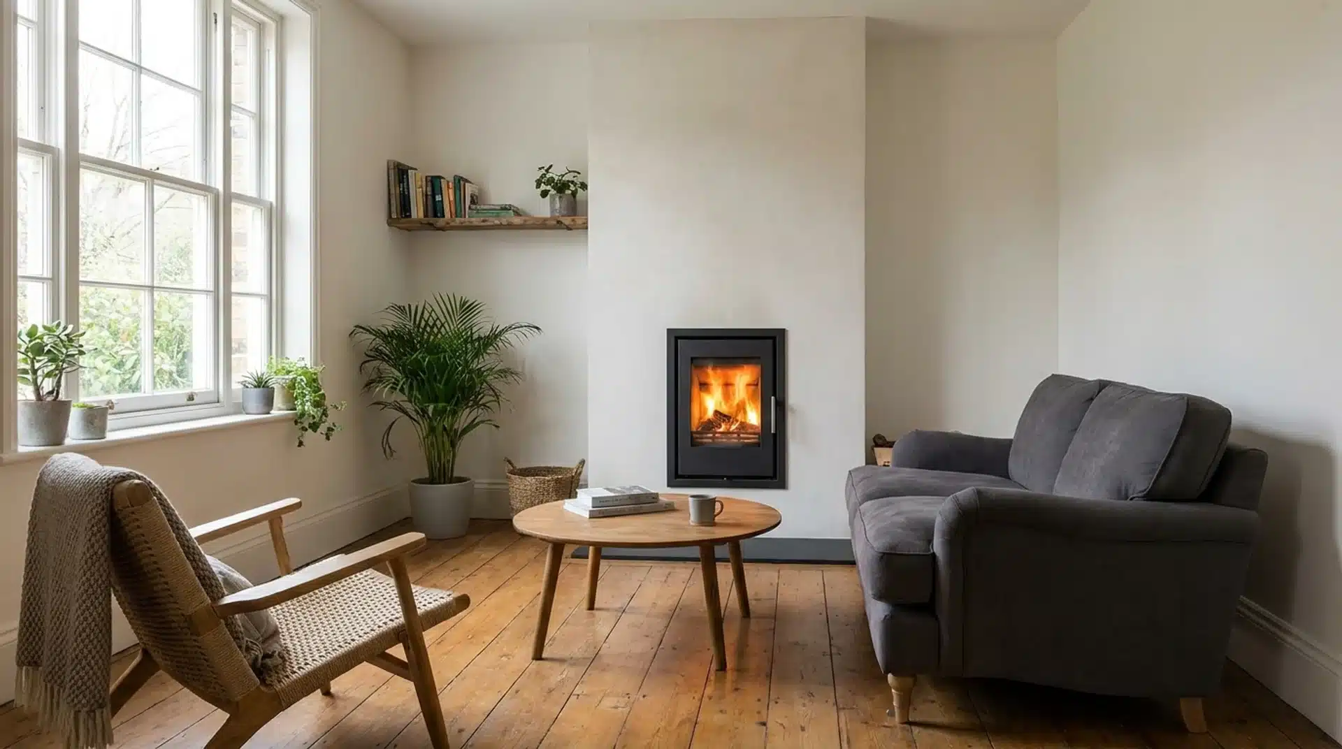 Minimal small living room with slim inset log burner in narrow chimney breast.