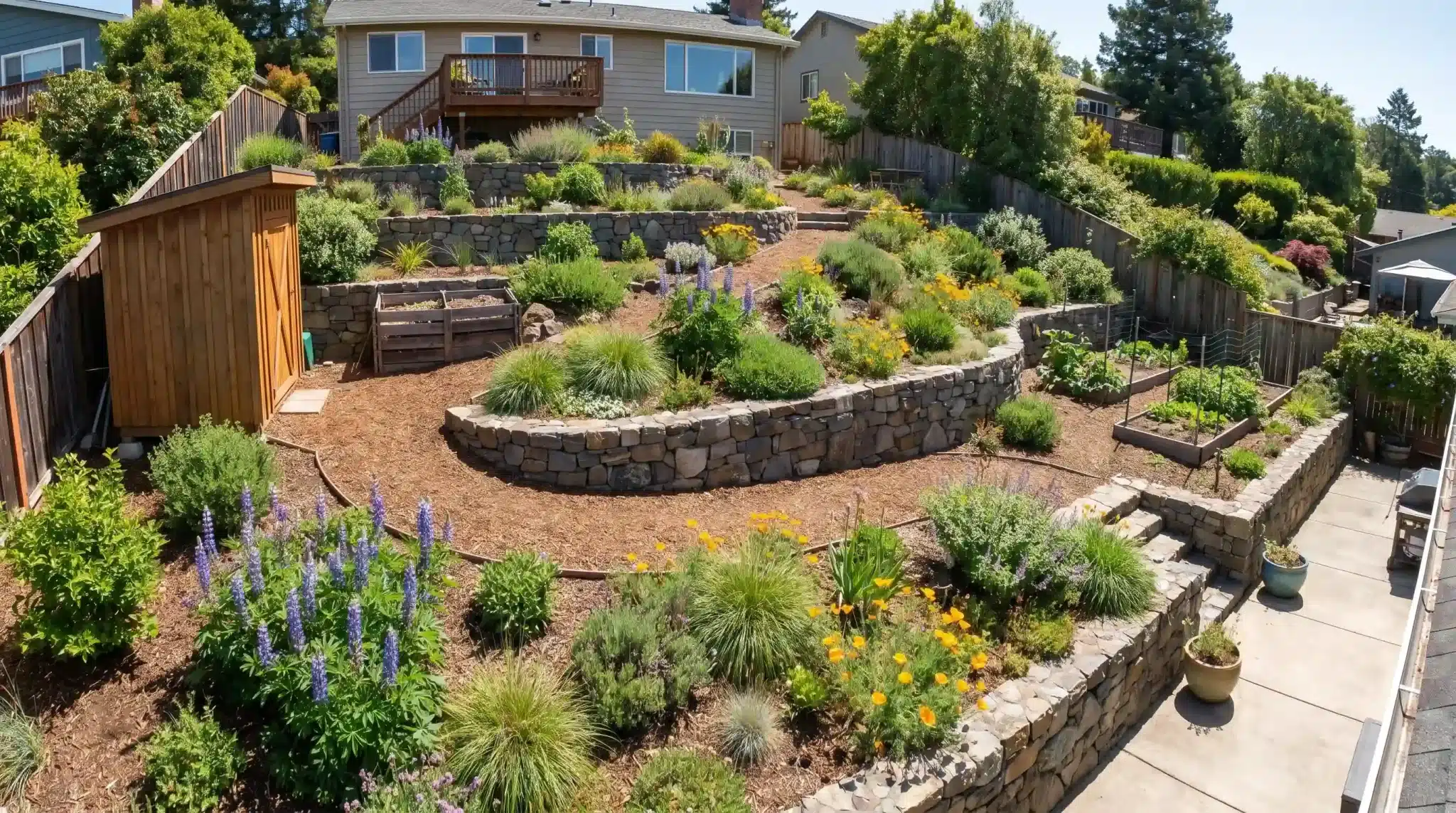 Terraced backyard with lush plants and mulch paths showcasing sloped garden ideas on a budget.